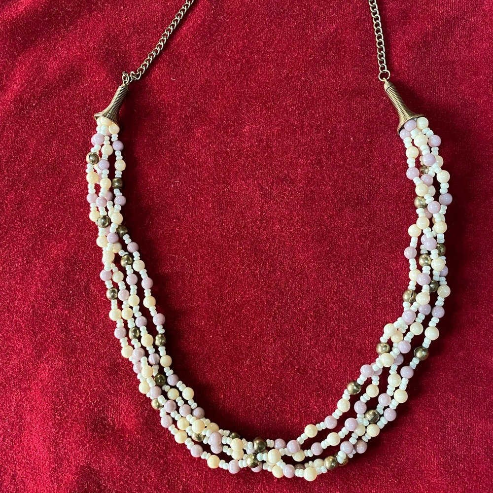 Necklace. 28” long. Metal, seed acrylic beads, neutral colors